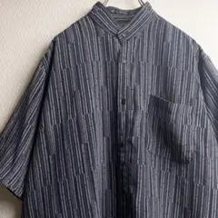 レトロ 古着 シャツ 総柄 柄シャツ バンドカラーシャツ ネイビー 半袖