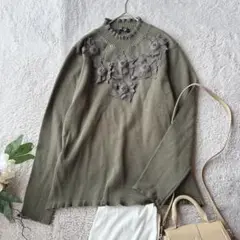 美品(L)毛混/長袖ニット/セーター/刺繍/ビジュー/プルオーバー/ミセス