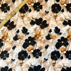 D55　3D立体プリント生地 花柄 黒白金バラ コットン100％ ハギレ 輸入
