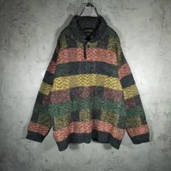 【イタリア製】レトロ マルチカラー ショールカラー ハーフボタン ニット XL