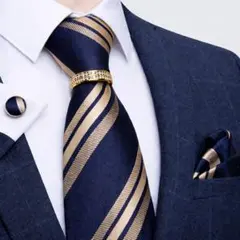 【4点セット】ネクタイストライプ結婚式入学式卒業式ネイビーブルー金ゴールド青
