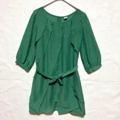 ○BE NEAT 七分袖 チュニックワンピース リボンベルト 緑 Mのサムネイル