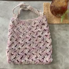ハンドメイド　お花モチーフかぎ針編み　ミニトート　ピンク紫