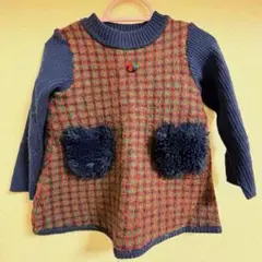 ファミリア　フォーマル　赤チェック柄ワンピース　ニットワンピ　ファー　90cm