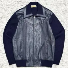 80s ~ 90s vintage ラムレザー 切替 ニットジャケット ネイビー