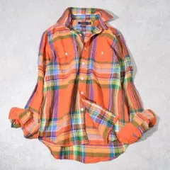 現行QR ポロラルフローレン マドラスチェック リネンシャツ オレンジ S