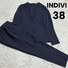 INDIVI セットアップ パンツ ノーカラージャケット ネイビー 38 日本製