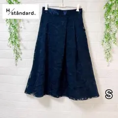 H/standard 花柄シフォン重ね 膝丈スカート ネイビー S 上品 サテンのサムネイル