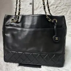 【超美品】　シャネル　マトラッセ　トートバッグ　チェーン　ラムスキン　ブラック シャネル マトラッセ チェーン トート 黒 トートバッグ ラムスキン
