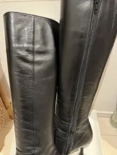 ブラックレザー ロングブーツ 高ヒール