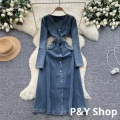 春夏コーデ❤️レディース　デニムワンピース　ウエストベルト付き　長袖　エレガント