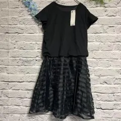 【新品】GU ジーユー 膝丈 ワンピース ブラック 半袖 シアー ボーダー Ｌ