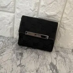 GUCCI グッチ GGキャンバス レザー Wホック 二つ折り財布 ミニ財布 黒