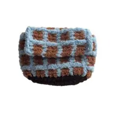 ポーチ　ハンドメイド　チェック　編み物　アフガン編み【茶×青】