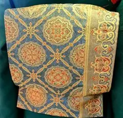 【美品】豪華絢爛!!袋帯 【正絹 六通】逸品 グリーン×金糸