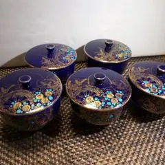 九谷焼　清峰作蓋付き湯呑み5客