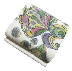 ユ114名古屋帯 真綿紬　孔雀　正絹 着物帯　仕立て上り