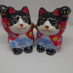九谷焼　招き猫　４号２点セット　赤富士＆グリーン釉桜　新品　箱付き 九谷焼 招き猫 4号2点セット 赤富士＆グリーン釉桜 新品 箱付き