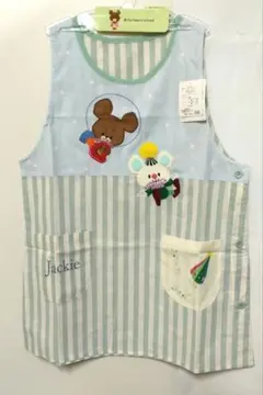 くまのがっこう M-Lサイズ エプロン　保育士エプロン　グリーン系ストライプ