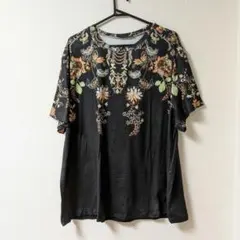 エスニック 花柄プリント 半袖 Tシャツ カットソー ブラック 大きいサイズ