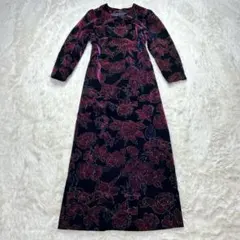 Vintage レトロ 花柄 黒 金 ベロア マキシ丈 ロングドレス ワンピース