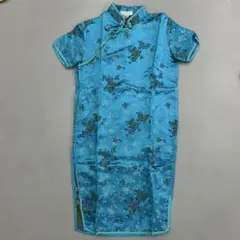 青い花柄チャイナドレス 半袖 サテン