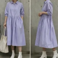 【美品】Bershka ラベンダー シャツワンピース パフ袖 Lサイズ 即日発送のサムネイル