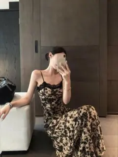花柄レースキャミワンピース ロングワンピ