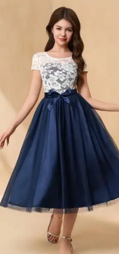 ネイビー レーストリム パーティードレス　S