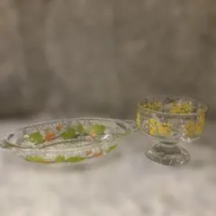 花柄ガラス食器セット 皿と脚付アイスクリームカップ　昭和レトロ　純喫茶