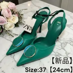 【美品】ZARAザラ ポインテッドトゥミュール グリーン ヒール 24cm