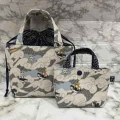 ハンドメイド★巾着付きミニバッグ★ミニミニバッグ付き★波乗りネコちゃん柄