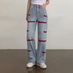 ユニーク刺繍ハイウエストワイドデニムパンツのサムネイル