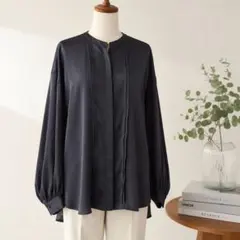 Simplicite ピンタック 長袖チュニック オーバーサイズ ノーカラー 黒