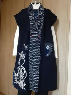 木綿の筒描 はんてん 波に ほら貝 古布 a1051-9_1.jpg