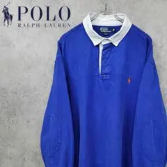 古着 ポロ ラルフローレン 刺繍 ポニーロゴ 長袖 ポロシャツ ブルー 90s