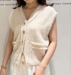 美品　Arpege story ツイードニットベスト　フリンジ　金ボタン　リネン