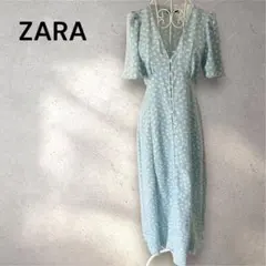 ◆ZARA ブーケ柄プリント地ワンピース　花柄ロングドレス水色