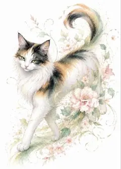 【一作限り】花まとう三毛長毛猫 三毛猫 幻想猫アート K461のサムネイル