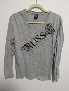 RUSS-K ラスケー　バックプリント　Vネック長袖カットソー　ラメ　綿100%