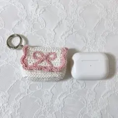 リボンミニポーチキーホルダー　ピンク　編み物　AirPodsケース
