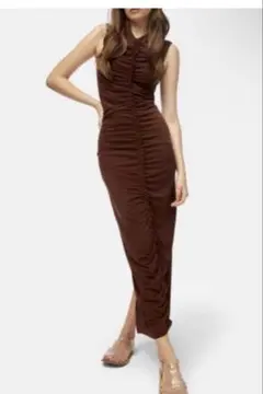 ZARA ノースリーブ ギャザー ロングワンピース ブラウン XS