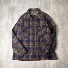 70s USA製 PENDLETON 開襟 ウールシャツ ボードシャツ 紺 茶