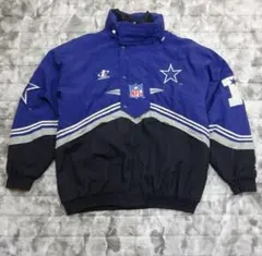 古*き様 NFL ブルゾン ブルー ブラック 中綿 ハーフボタン バックロゴ プ
