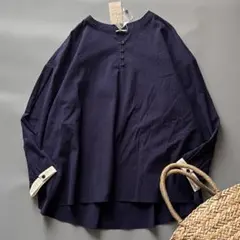 新品未使用✨サマンサモスモス 配色　スキッパーブラウス　ネイビー　長袖