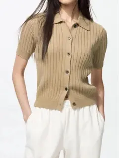 UNIQLO リブニット ポロシャツ 半袖 ベージュ Mサイズのサムネイル