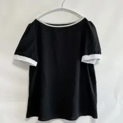 大人可愛い♡パフスリーブ 配色ブラウス ボートネック 黒 白 モノトーン