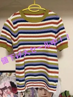 マルチカラー ボーダー 半袖 ニット トップス カラフル柄 XLのサムネイル