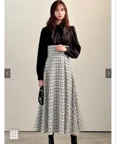 グレイル　リボン付きシャツドッキングチェック柄ワンピース[tg795]