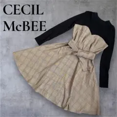 CECIL McBEE ニット ワンピース チェック ドッキング ブラウン
